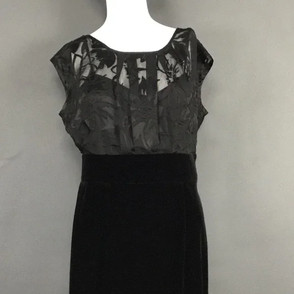 AGB Dress Womens 12 Black Velvet Skirt Sheer Bodice Cocktail Midi Illusion - Picture 3 of 9